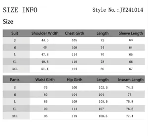 Detailed measurement guide for men's business suit set including jacket and trousers