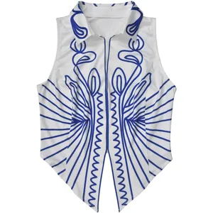 Close-up of white vest top featuring intricate blue line and paisley print patterns.