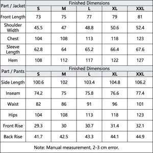 Comprehensive size guide for men's striped suit set including jacket and pants