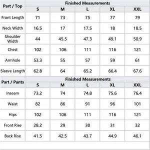 Detailed size chart for men's business wedding suit set including tops and pants.