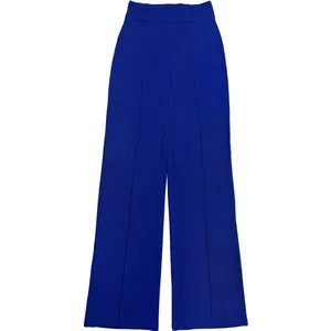 Detailed view of elegant high-waisted cobalt blue wide-leg trousers for women