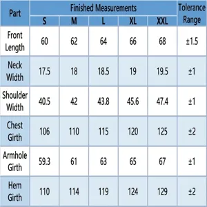 Size chart table with measurements for men's business suit vest in sizes S to XXL