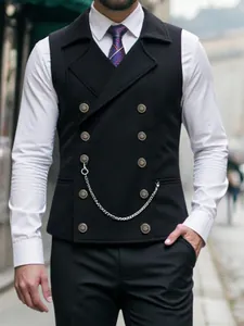Detail view of a men's black double-breasted waistcoat with decorative metal chain.