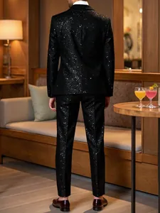 Detailed back view of a men's stylish black sequin suit set for gala, banquet or wedding.
