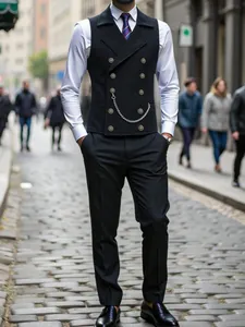 Professional men's navy double-breasted business vest with decorative silver chain.