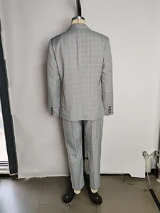 Back view of a grey grid pattern men's business suit set on a studio mannequin.