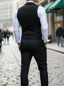 Professional back view of a men's slim-fit black waistcoat and formal trousers set