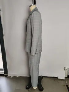 Professional gray windowpane plaid business suit set for men on mannequin side view