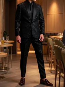 Detailed view of black sequined men's suit with elegant shawl lapel for banquets