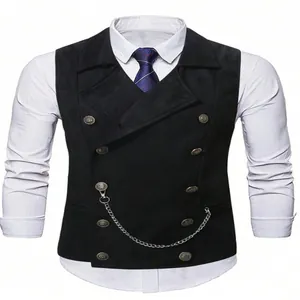 Detail view of a men's double-breasted business waistcoat with a stylish metal chain