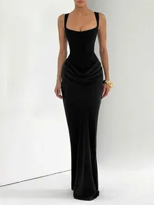 Elegant black sleeveless bodycon maxi dress with square neckline and ruched waist