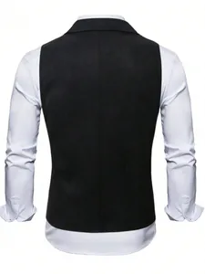 Back view detail of a black slim fit men's business dress waistcoat over white shirt