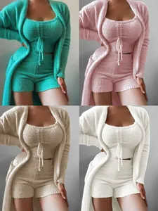 Women's plush three-piece lounge set in four colors: teal, pink, beige, and white options.
