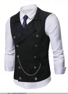 Men's black double-breasted business vest featuring lapel collar and silver chain detail