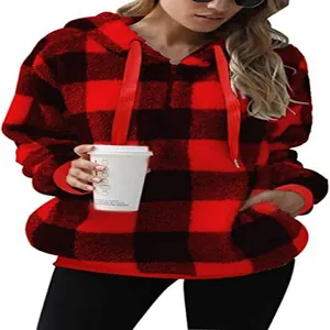 Warm red and black buffalo plaid fleece hoodie featuring front pocket and drawstring