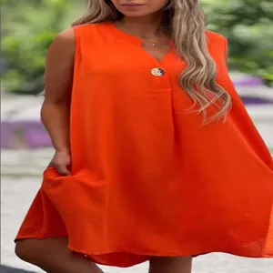 Women's sleeveless orange casual dress with V-neck and decorative button detail