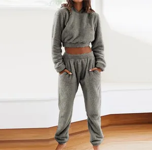 Vista detallada del conjunto de chándal de felpa gris con capucha y pantalón para mujer
