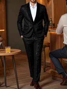 Elegant black sequined men's tuxedo suit set with shawl lapel for formal wedding banquets