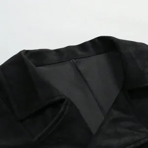 Close-up detail of a men's black business waistcoat showing notched lapel and texture