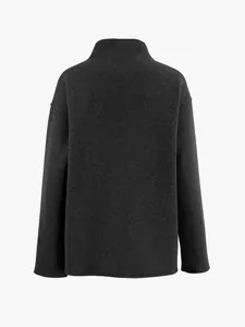 Back view of a women's dark grey casual wool blend coat with a high collar design.