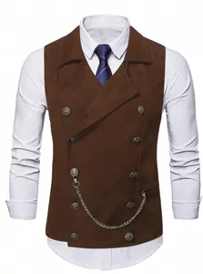 Detailed view of brown double-breasted men's business vest with decorative chain