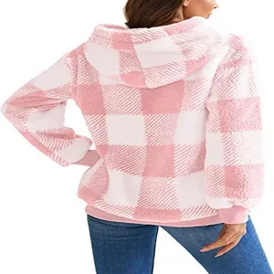 Back view of soft pink and white plaid plush hooded jacket for women autumn fashion