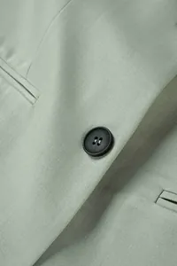 Hochwertiges Makrodetail der hellgrünen Blazer-Stofftextur und des schwarzen Knopfes