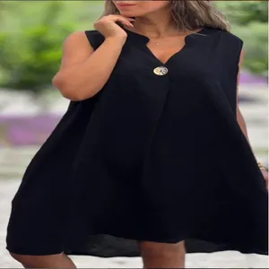 Detail view of a women's solid color sleeveless V-neck casual dress with gold button