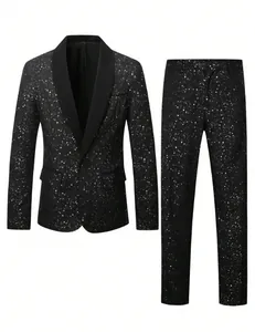 Detail macro view of a black men's suit with a galaxy-inspired white splatter pattern.