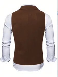 Detailed back view of a brown suede business vest paired with a classic white shirt