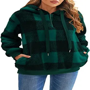 Detail shot of women's green and black buffalo plaid plush hoodie with drawstring
