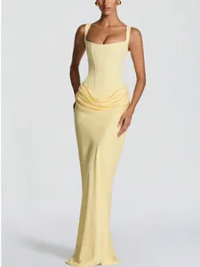 Elegant yellow sleeveless maxi dress with square neck and draped waist detail