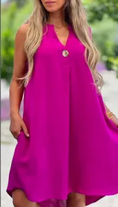 Detailed view of fuchsia sleeveless V-neck casual dress with decorative button detail