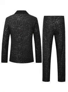 Back view of men's black suit with starry sky sparkle print for party wedding