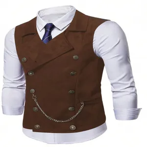 Detail view of a brown double-breasted business vest with decorative silver chain