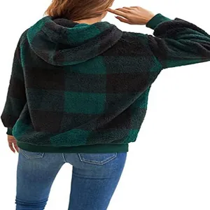 Detailed back view of a cozy green and black plaid fuzzy hooded jacket for autumn and winter