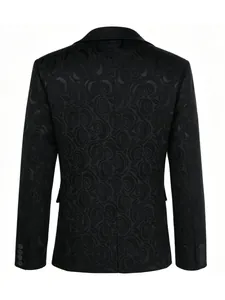 Rear view of elegant black men's banquet suit jacket with floral jacquard pattern detail