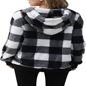 Detailed back view of a cozy black and white buffalo plaid hooded plush jacket for women