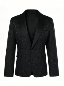 Close-up of men's black floral jacquard tuxedo jacket with shawl lapel detail