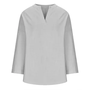 Blusa casual de algodón y lino para mujer con cuello en V y cuello alto gris claro