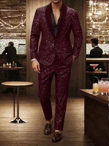 Close-up of a sparkling burgundy men's banquet suit set in a sophisticated bar setting