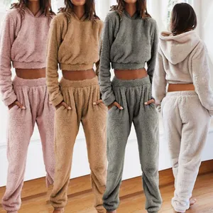 Conjunto de Ropa de Descanso de Felpa para Mujer Color Sólido Parte Superior y Pantalones con Capucha Manga Larga Otoño