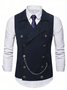 Close-up detail shot of navy blue double-breasted business vest with decorative silver chain.