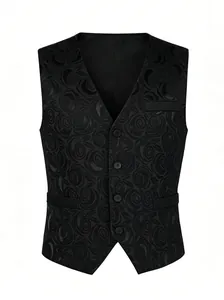 Edle schwarze Herrenweste mit Rosen-Jacquard-Muster für Hochzeiten und Bankette