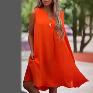 Vibrant orange sleeveless V-neck casual dress for women with decorative front button detail