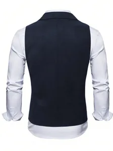 Macro view showing the back tailoring and texture of the navy blue business vest