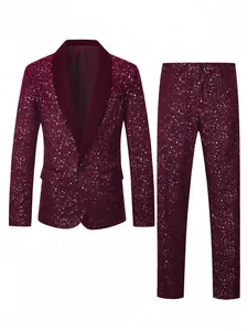 Detailed view of burgundy tuxedo suit featuring silver starry sky print and shawl lapel
