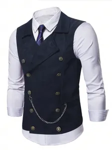 Men's Slim Fit Double Breasted Waistcoat With Metal Chain Business Casual Sleeveless Vest Top Polyester Suit Vest