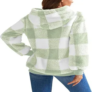 Back view of a cozy green and white checkered fuzzy plush hooded jacket for women.