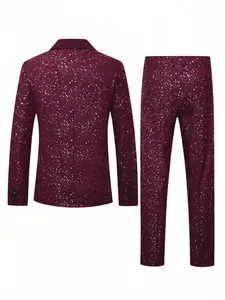 Detailed back view of a burgundy men's suit set featuring a shiny starburst pattern